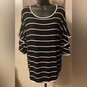 Cable and Gauge Black and White Stripe Blouse with Bell Sleeves